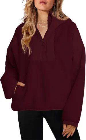 ReachMe Womens Fleece Hoodie Oversized Sherpa Jacket with Pockets Half Zip Sweatshirt Fuzzy Pullover Coats
