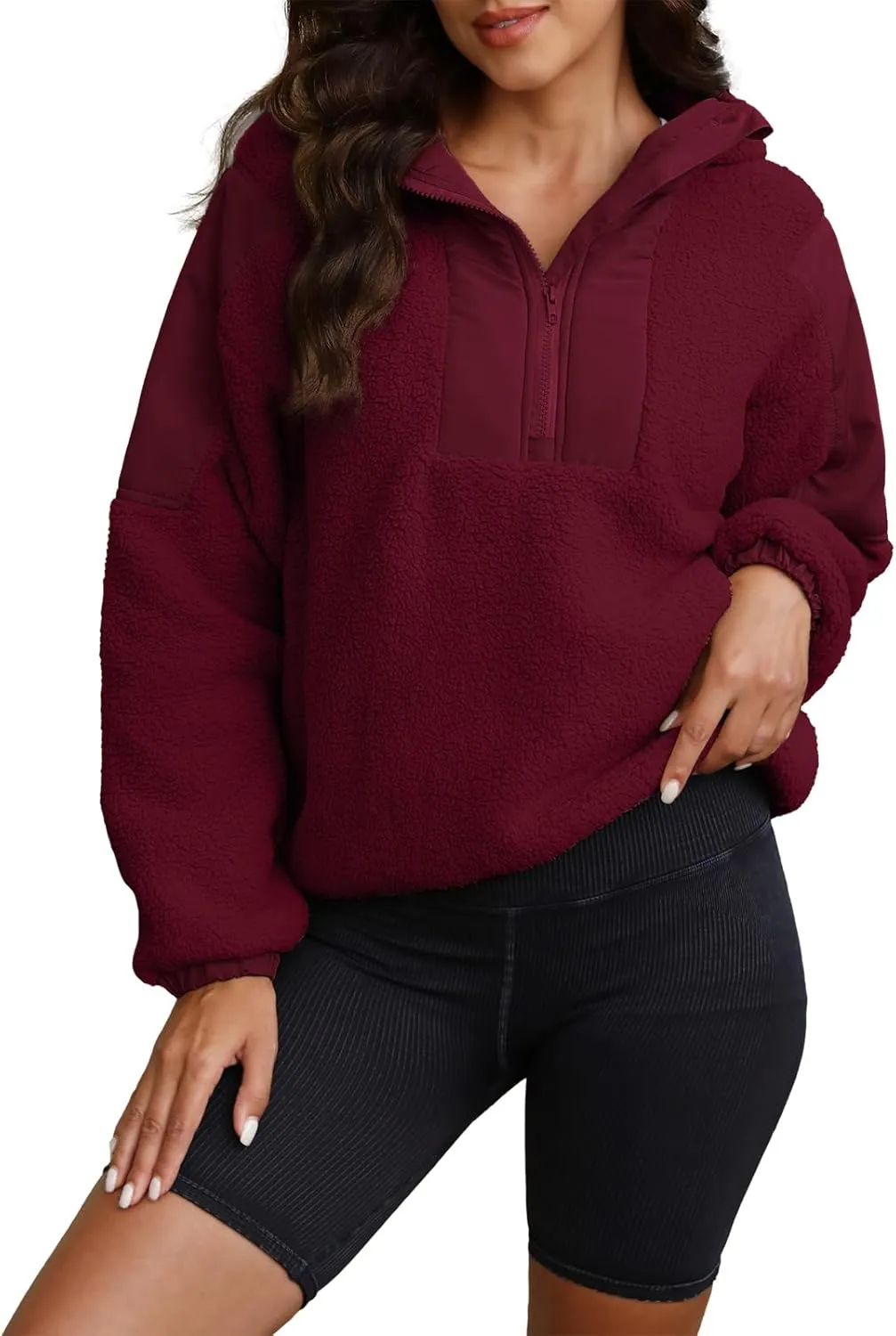 ReachMe Womens Fleece Hoodie Oversized Sherpa Jacket with Pockets Half Zip Sweatshirt Fuzzy Pullover Coats