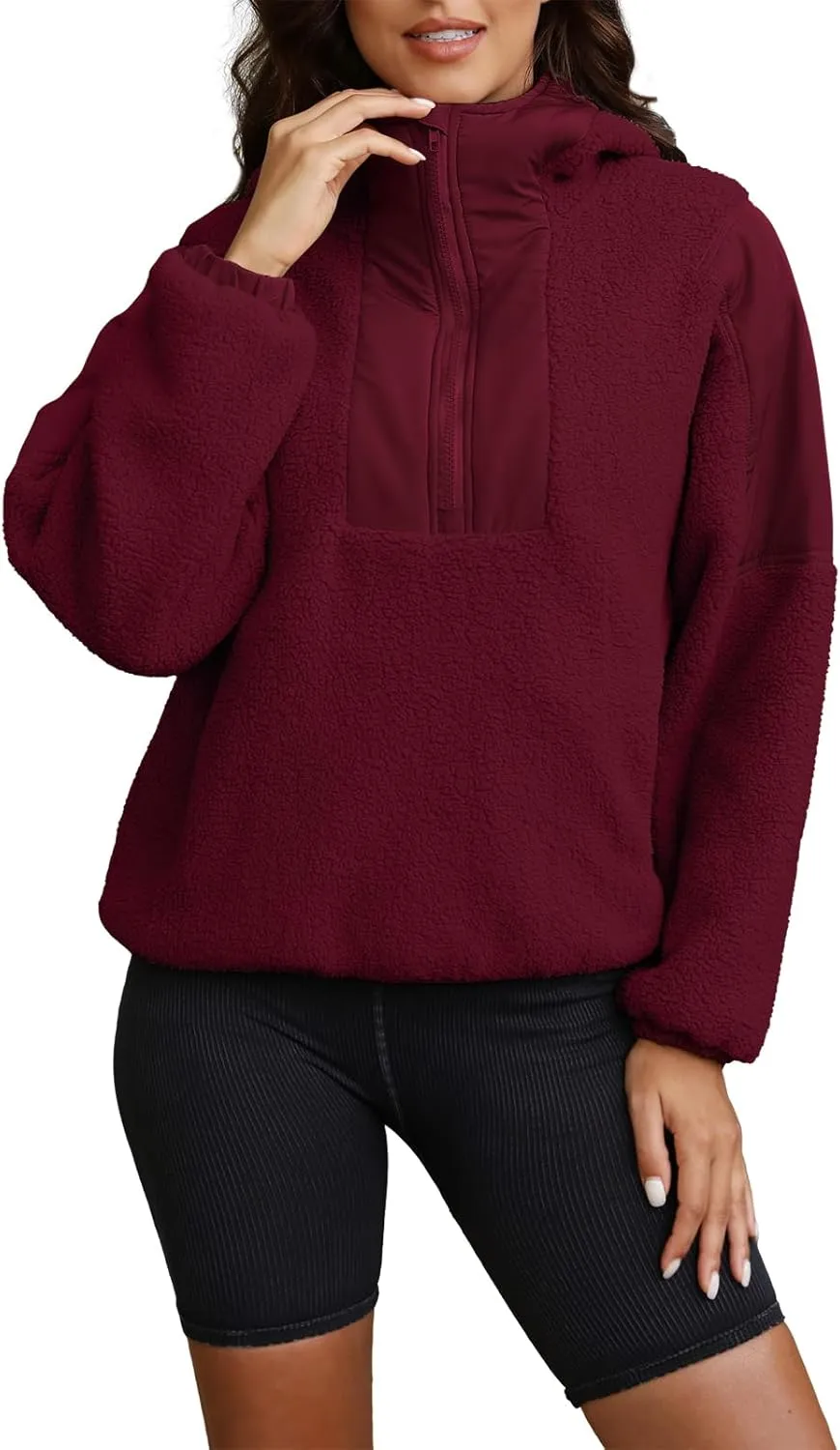 ReachMe Womens Fleece Hoodie Oversized Sherpa Jacket with Pockets Half Zip Sweatshirt Fuzzy Pullover Coats