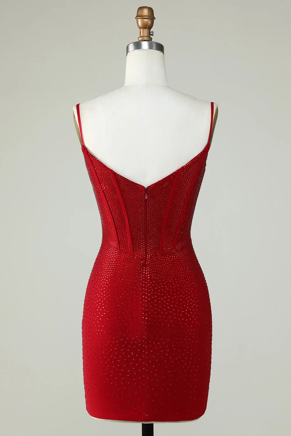 Red Beaded Sheath Spaghetti Strap Homecoming Dress