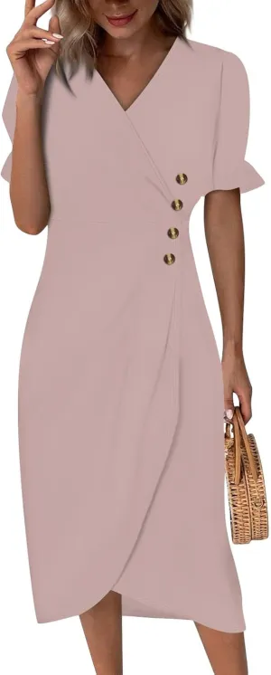 Resort Dresses for Women,Summer Elegant Wrap V Neck Floral Boho Dress Flowy Ruched Hawaiian Summer Dress