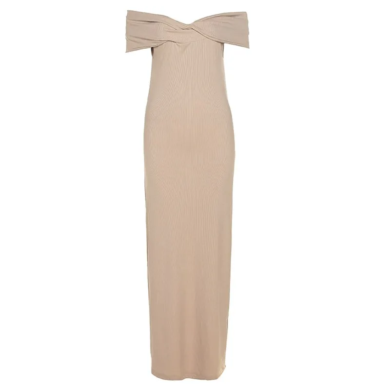 Ribbed Strapless Elegant Dresses Women Sexy Maxi Dress Back Cutout Split Solid Evening Robe Female Party Clubwear Vestido