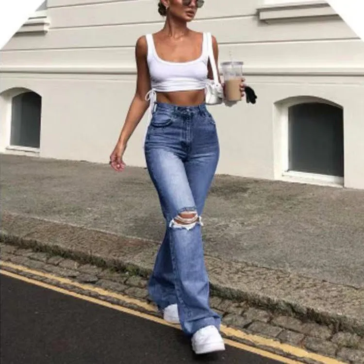 Ripped High-Waisted Denim Trousers Women Pants
