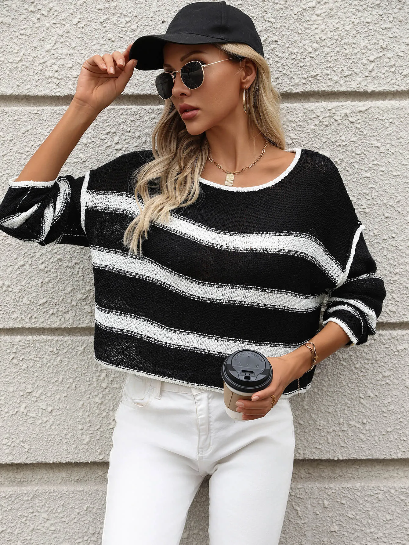 Round Neck Striped Sexy Loose Jumper