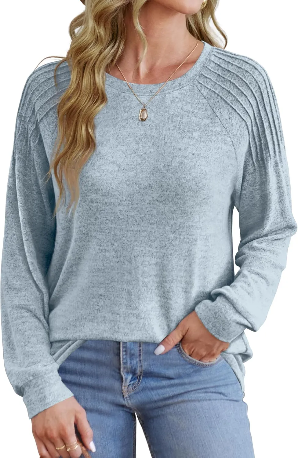 Saloogoe Sweatshirt for Women Crewneck Pleated Long Sleeve Shirts Tunic Tops Fashion Winter Clothing 2025