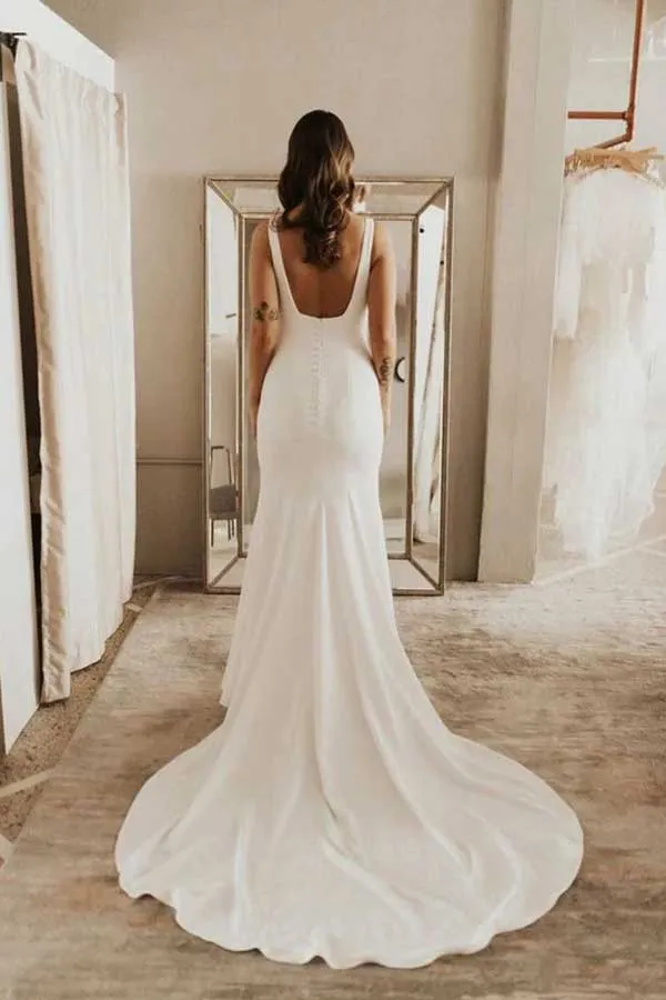 Satin Sheath Square Neck Backless Wedding Dresses With Sweep Train, SW525