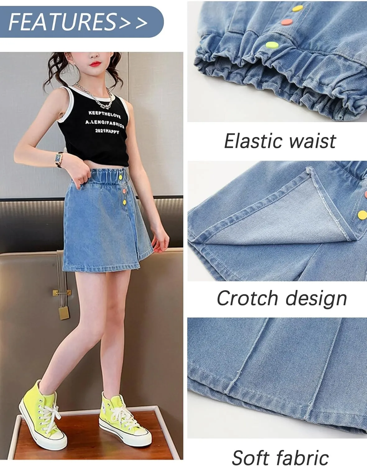 SEAUR Girls Ripped Raw Hem Denim Shorts Elastic Waist Straight Leg Jean Shorts Casual Summer Skort