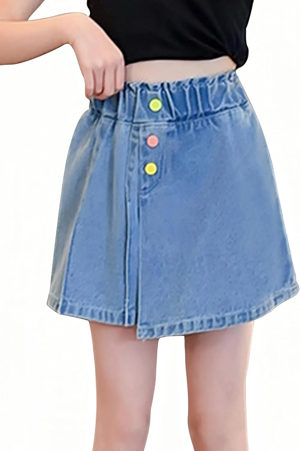 SEAUR Girls Ripped Raw Hem Denim Shorts Elastic Waist Straight Leg Jean Shorts Casual Summer Skort