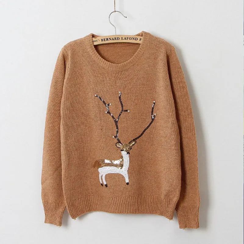 Sequin Bead Reindeer Christmas Sweater