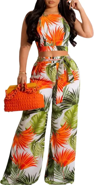 sexycherry Elegant 2 Piece Sets for Women Sexy Printing Crop Top Long Straight Pants Vacation Outfits Beach