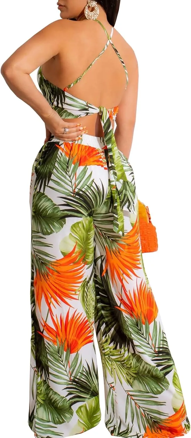 sexycherry Elegant 2 Piece Sets for Women Sexy Printing Crop Top Long Straight Pants Vacation Outfits Beach