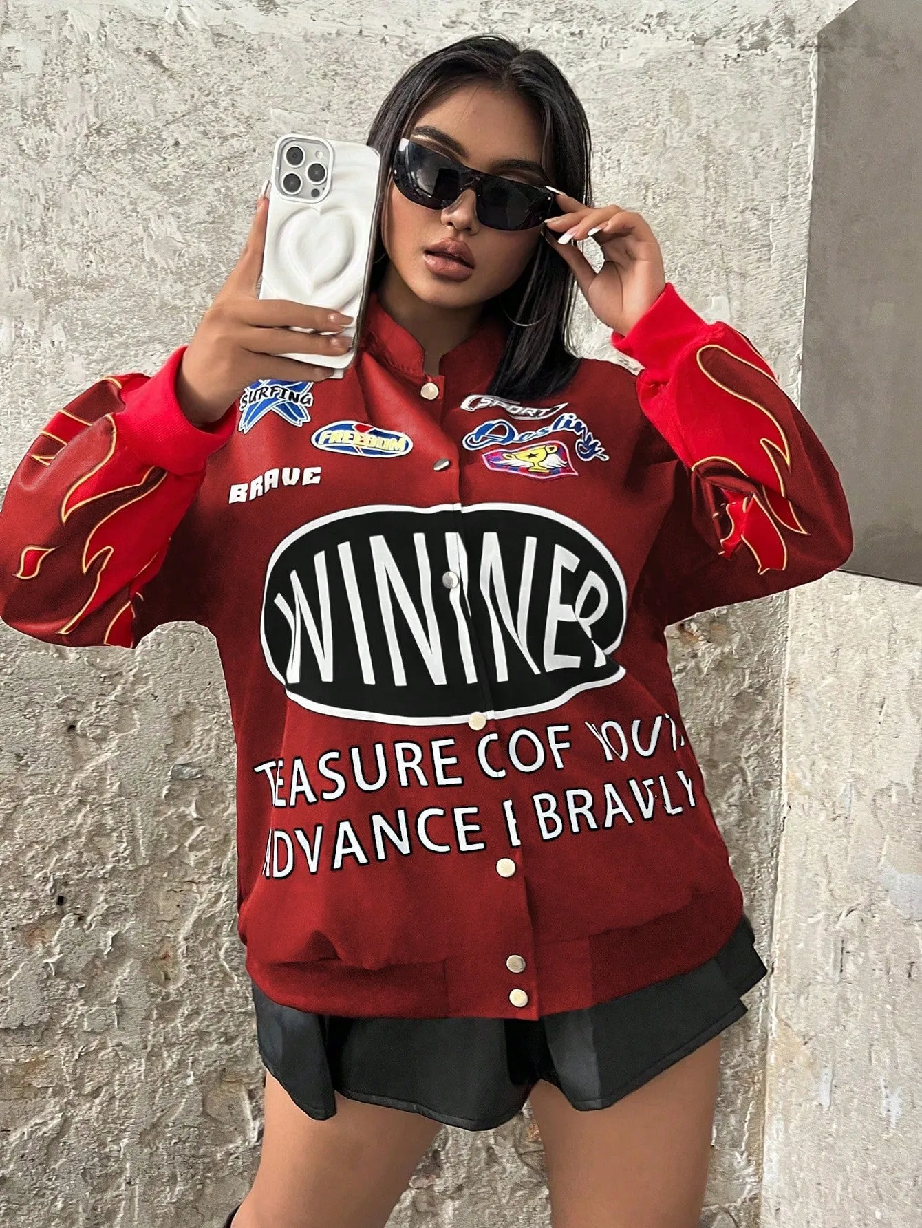 SHEIN EZwear Plus Size Colorblock Letter Print Front Button Jacket