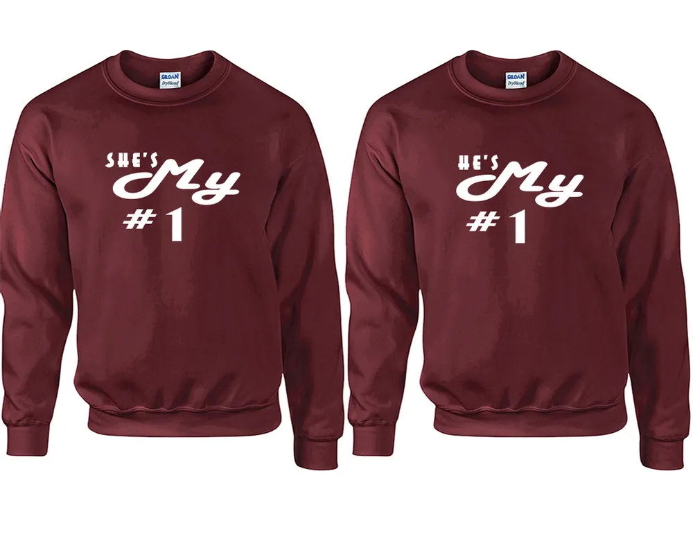 She's My Number 1 & He's My Number 1 Couple Matching Crewneck Sweaters – Unisex Pullover Sweaters Sold Separately for Him and Her
