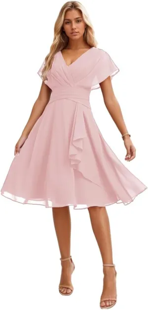 Short Bridesmaid Dresses for Wedding Chiffon Formal Dress with Sleeves V Neck Evening Gown