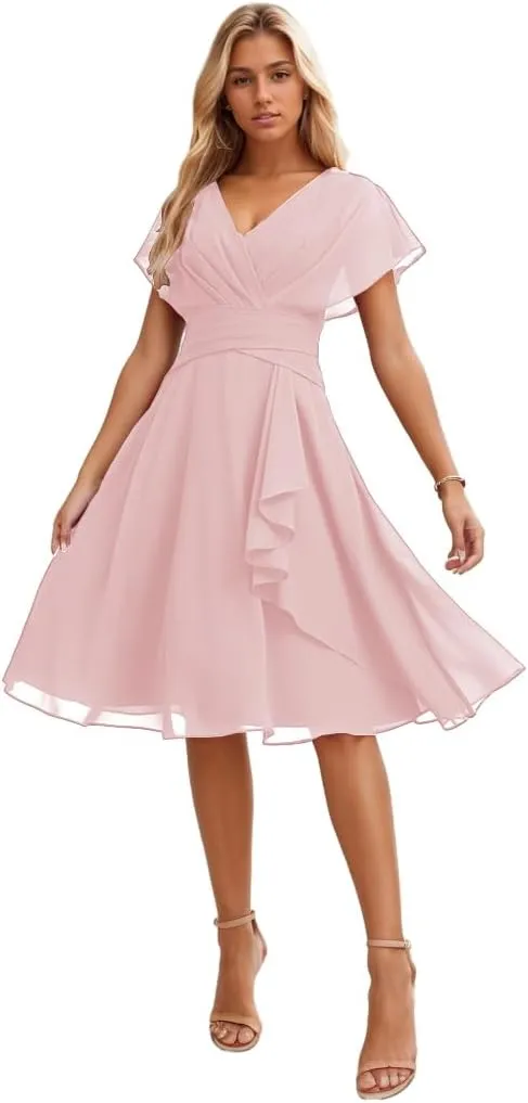 Short Bridesmaid Dresses for Wedding Chiffon Formal Dress with Sleeves V Neck Evening Gown