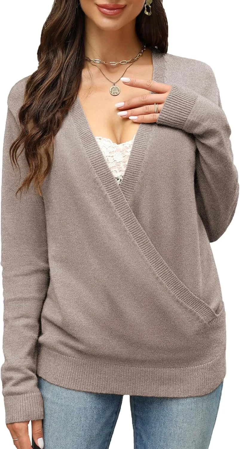 softome Womens 2025 Deep V-Neck Wrap Sweaters Long Sleeve Front Cross Loose Knitted Pullover Jumper Fall Winter Tops