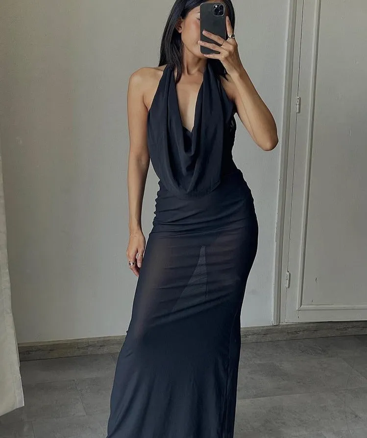 solid color Elegant Maxi Dress Women Deep v-neck See-through Party Halter Ruched Backless Bodycon Female Evening Clothing