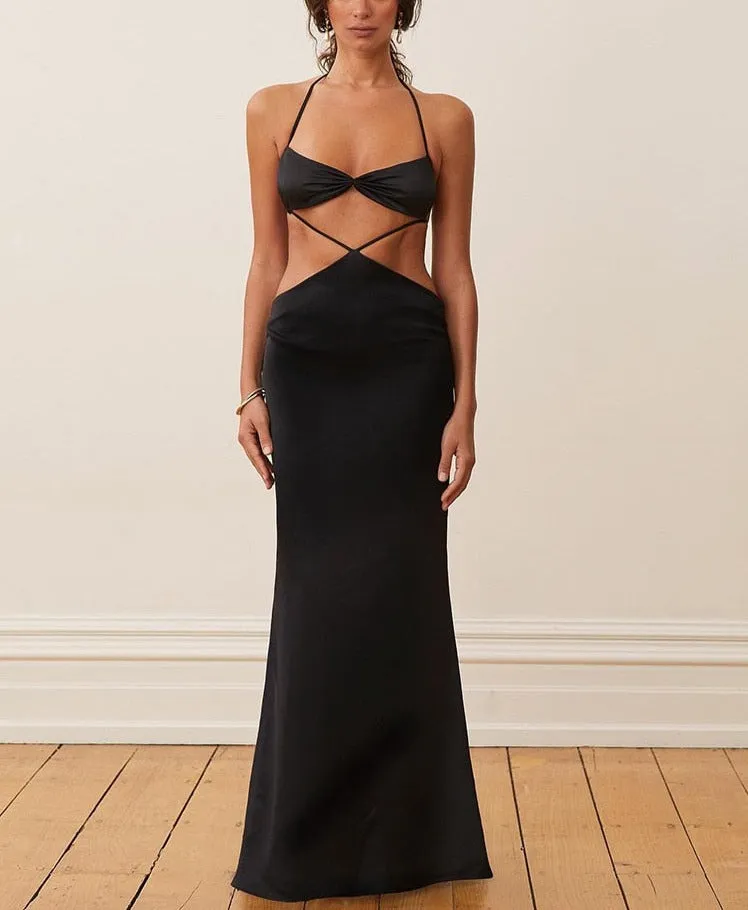 Solid Crisscross Sexy Maxi Dress Women Midnight Halter Bandage  Aesthetic Evening Dresses Elegant Party Clubwear Robe