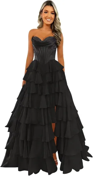 Strapless Corset Prom Dresses for Women 2025 Long Tiered Ruffle Chiffon Formal Dress Evening Gown with Slit