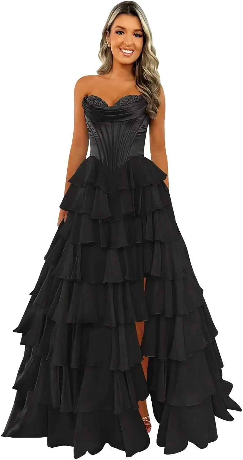 Strapless Corset Prom Dresses for Women 2025 Long Tiered Ruffle Chiffon Formal Dress Evening Gown with Slit