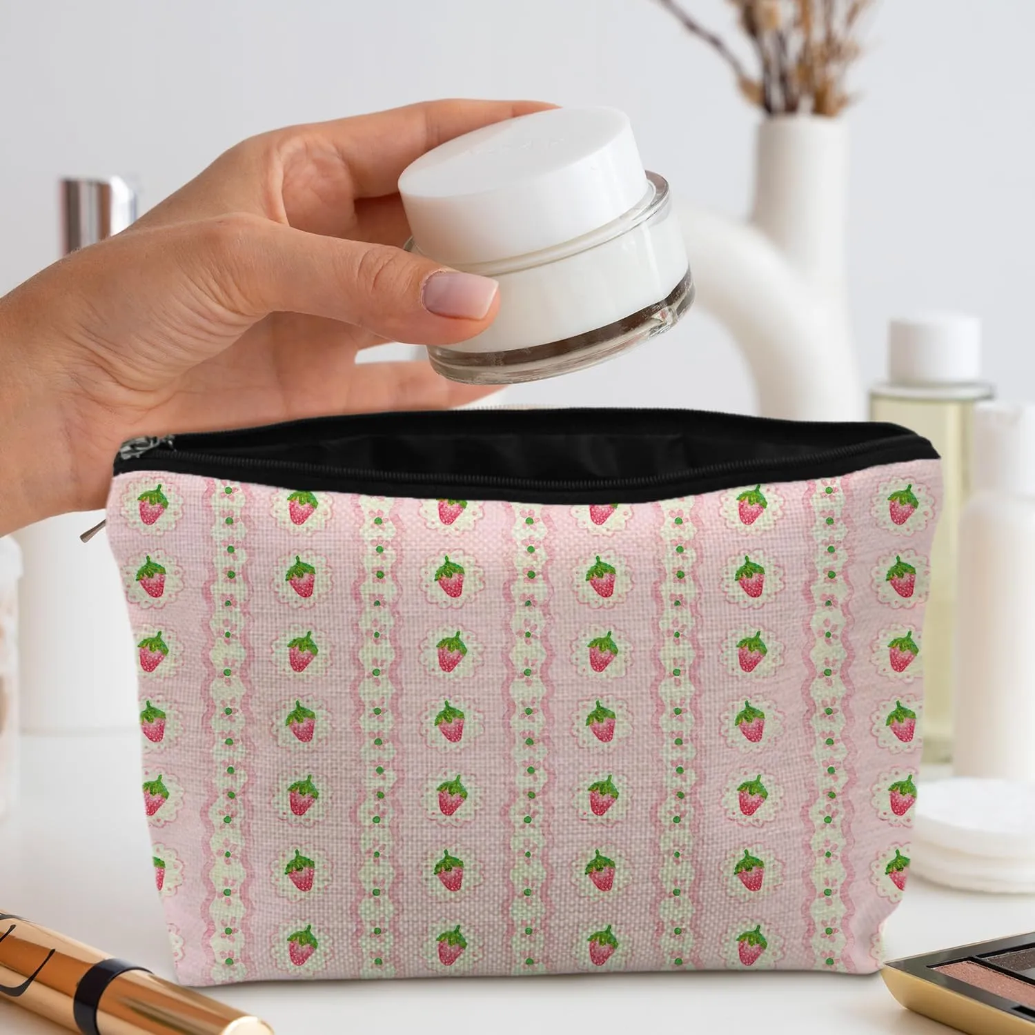 Strawberry Makeup Bag, Strawberry Gifts for Women, Pink Coquette Makeup Bag, Cute Cosmetic Bag for Women, Pink Makeup Bag, Strawberry Accessories, Fruit Lover Gifts