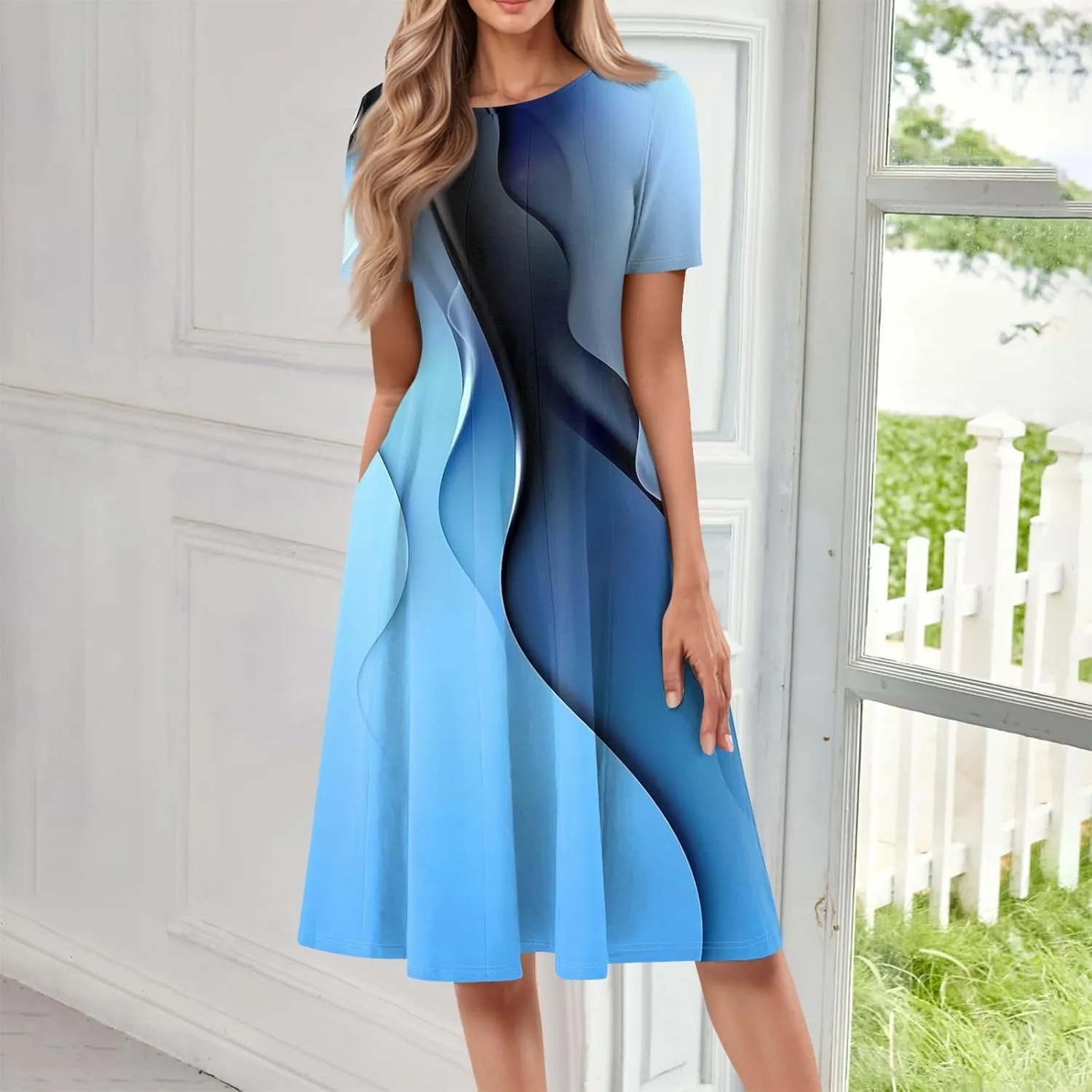 Summer Dresses for Women 2025 Beach Vacation Elegant Crewneck Short Sleeve A Line Dress Side Pockets Midi Sun Dress
