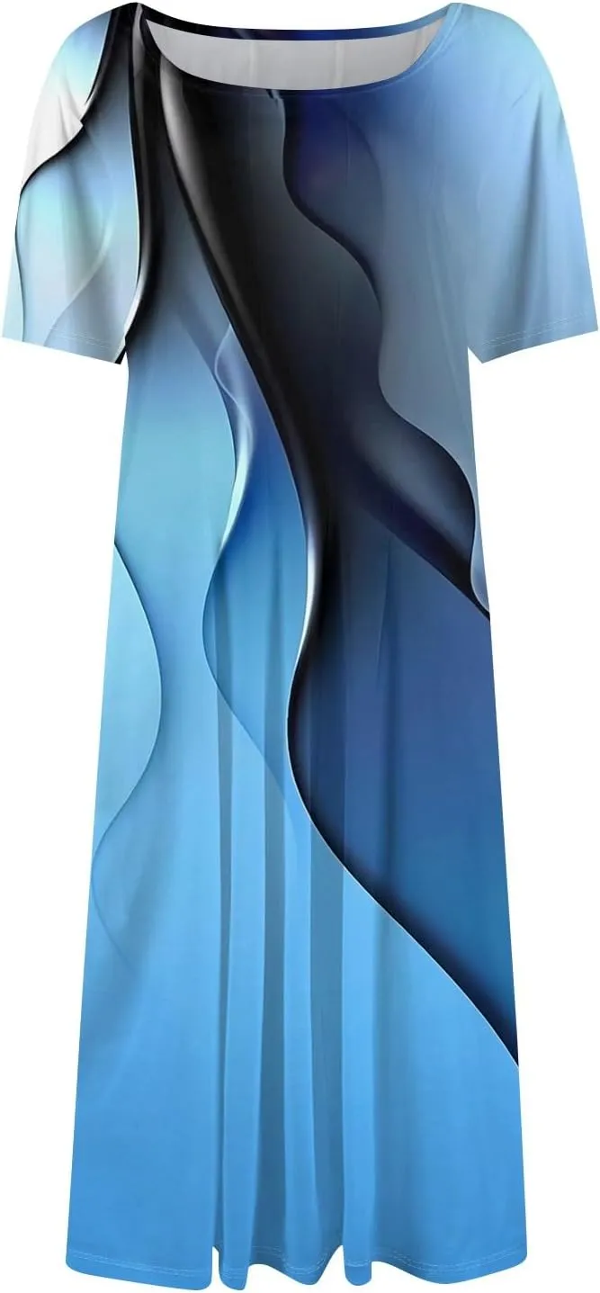 Summer Dresses for Women 2025 Beach Vacation Elegant Crewneck Short Sleeve A Line Dress Side Pockets Midi Sun Dress