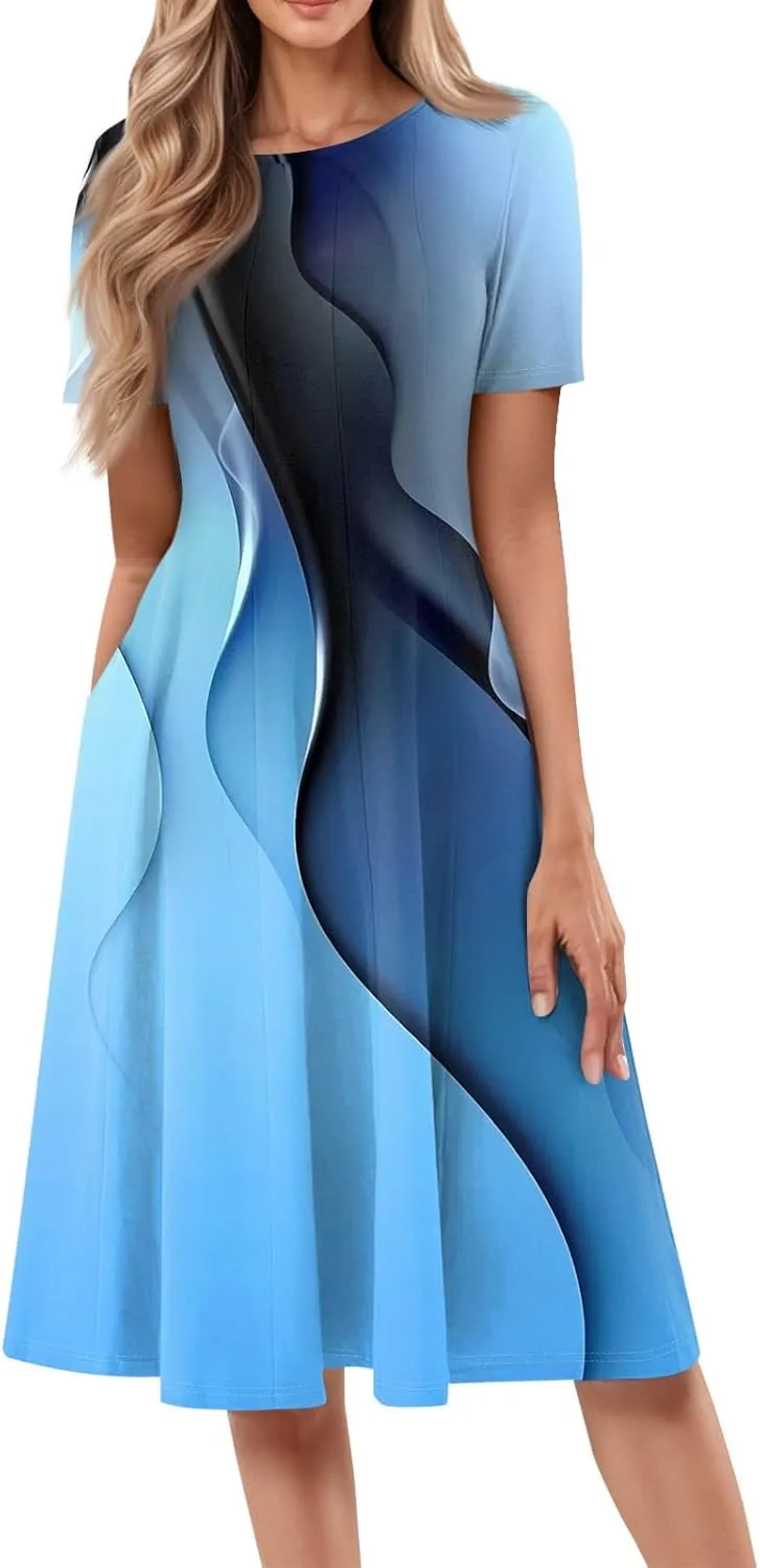Summer Dresses for Women 2025 Beach Vacation Elegant Crewneck Short Sleeve A Line Dress Side Pockets Midi Sun Dress