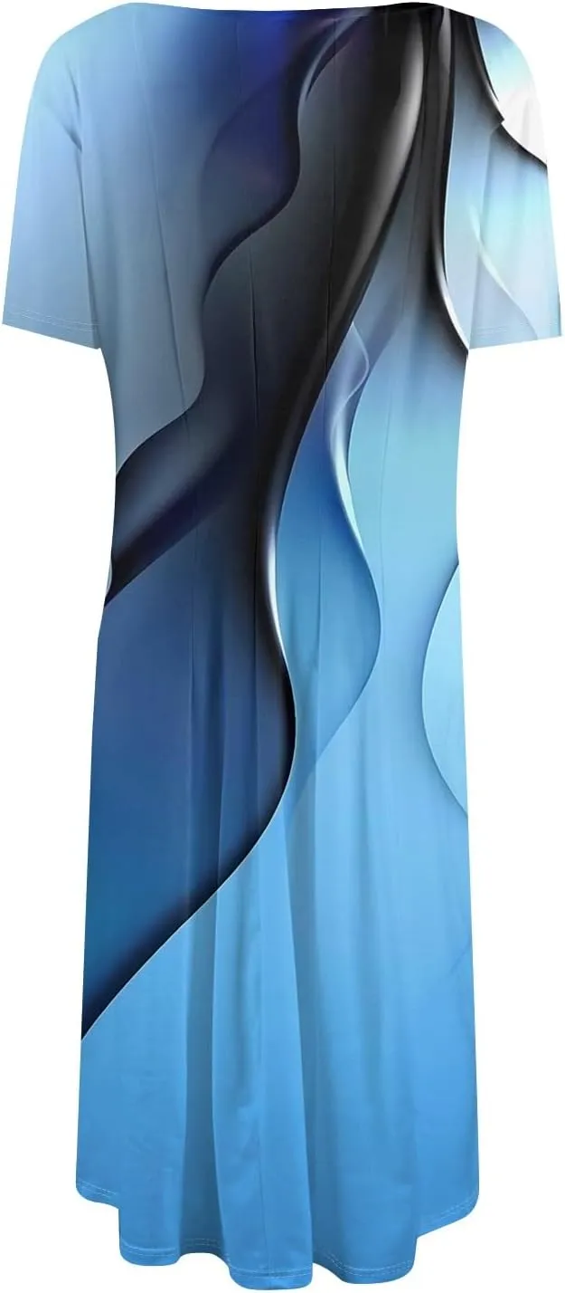Summer Dresses for Women 2025 Beach Vacation Elegant Crewneck Short Sleeve A Line Dress Side Pockets Midi Sun Dress