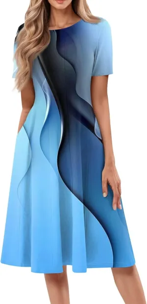 Summer Dresses for Women 2025 Beach Vacation Elegant Crewneck Short Sleeve A Line Dress Side Pockets Midi Sun Dress