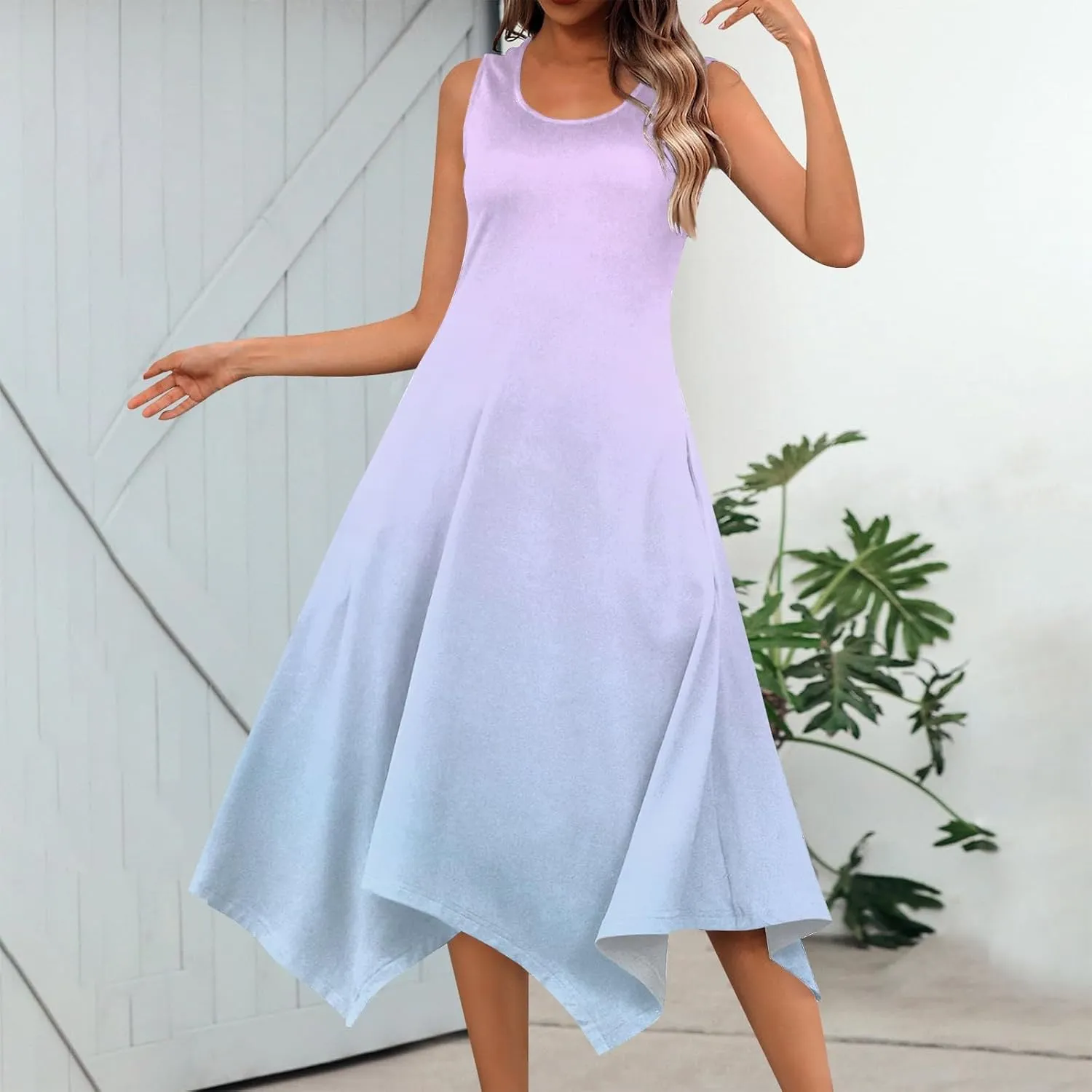 Summer Dresses for Women Elegant Print Swing Hem Tank Midi Dress Casual Plus Size Sleeveless Crew Neck Sundress