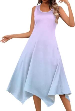 Summer Dresses for Women Elegant Print Swing Hem Tank Midi Dress Casual Plus Size Sleeveless Crew Neck Sundress