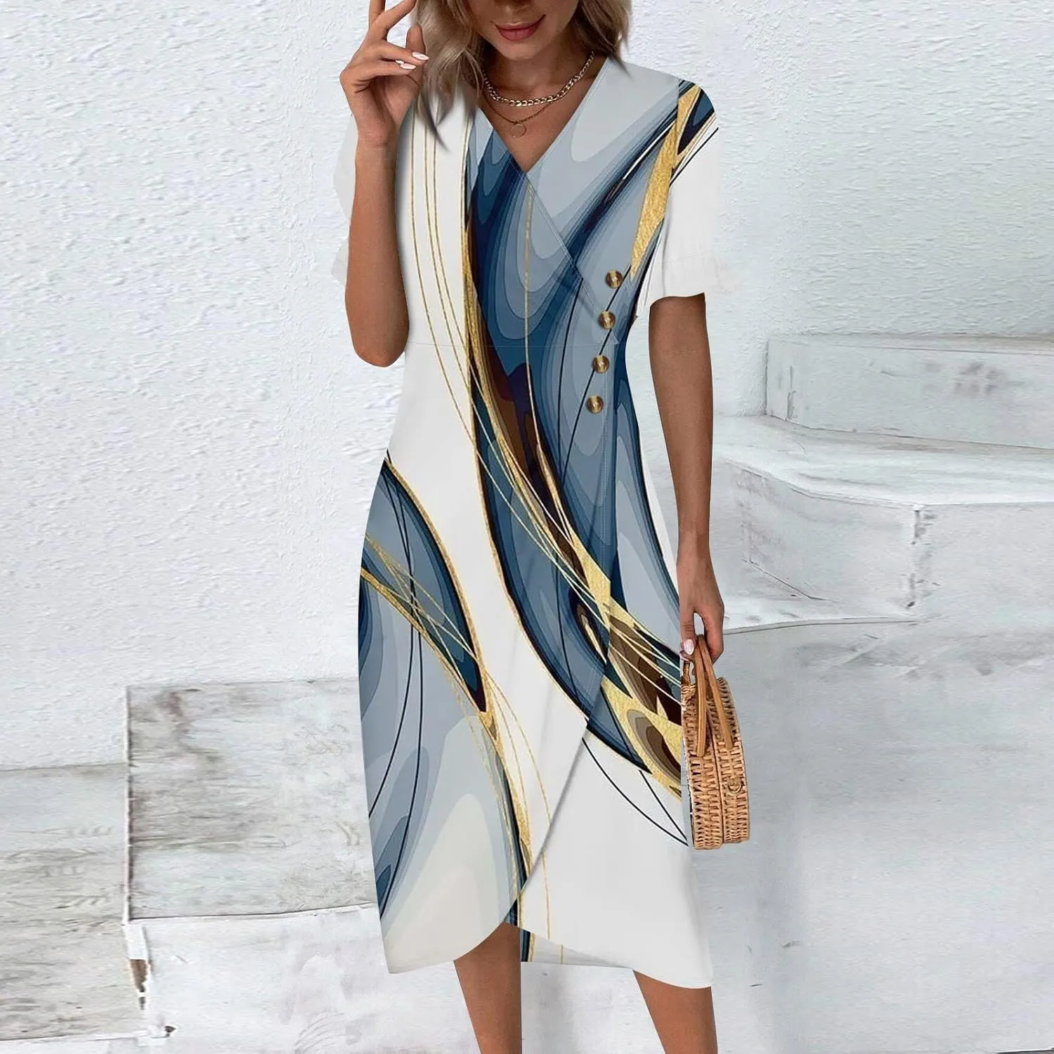 Summer Dresses for Women,Summer Elegant Wrap V Neck Boho Dress Flowy Ruched Hawaiian Maxi Summer Dress
