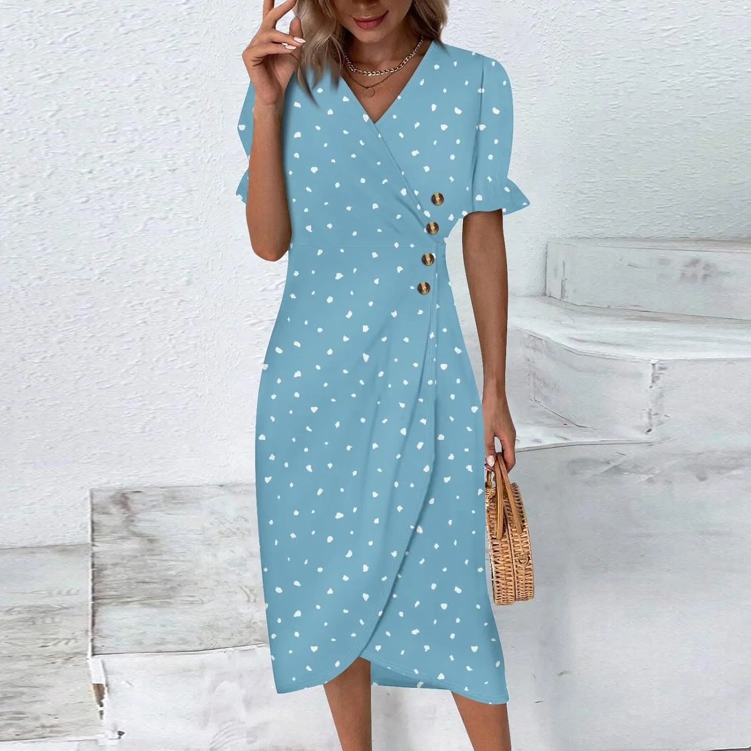 Summer Dresses for Women,Summer Elegant Wrap V Neck Boho Dress Flowy Ruched Hawaiian Maxi Summer Dress