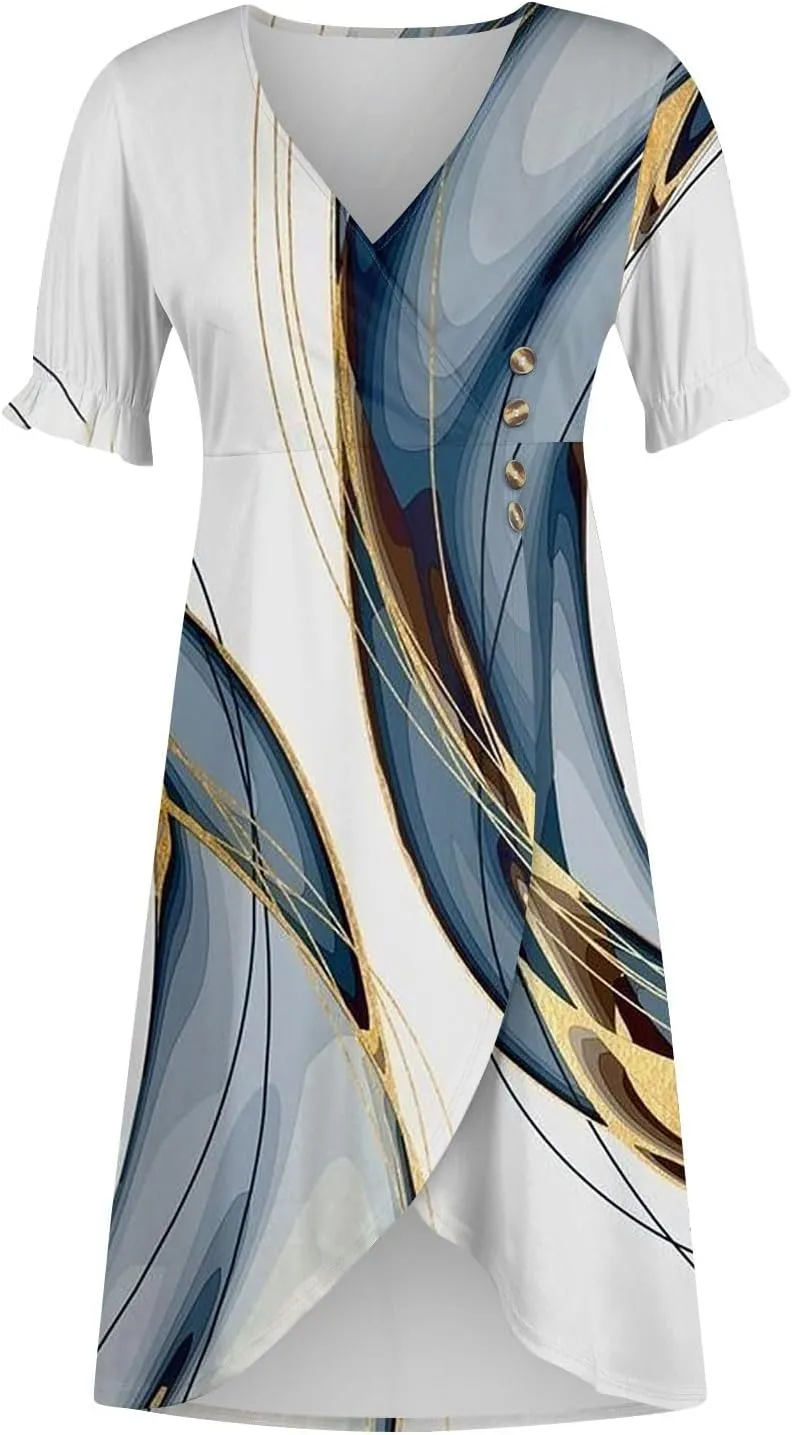 Summer Dresses for Women,Summer Elegant Wrap V Neck Boho Dress Flowy Ruched Hawaiian Maxi Summer Dress