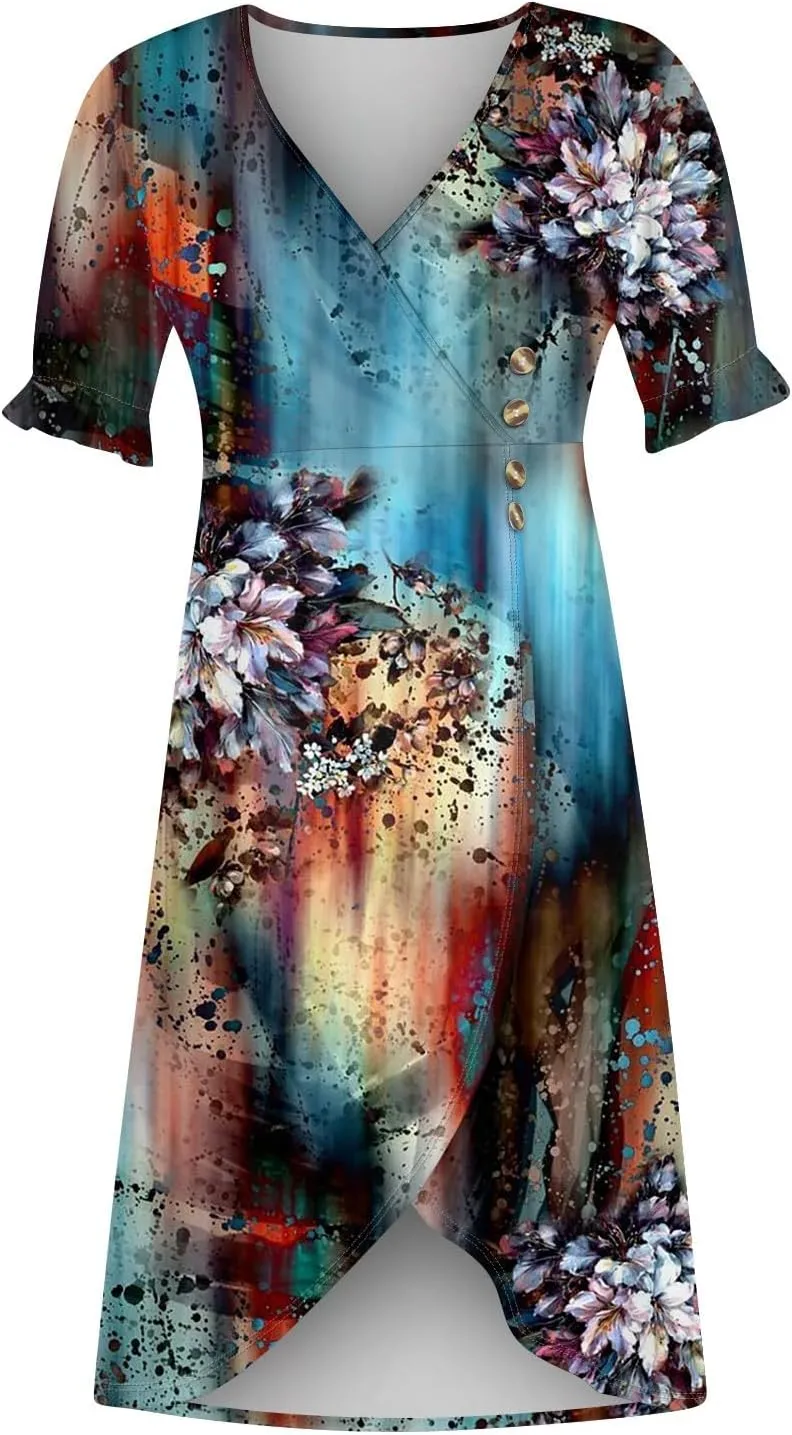 Summer Dresses for Women,Summer Elegant Wrap V Neck Boho Dress Flowy Ruched Hawaiian Maxi Summer Dress