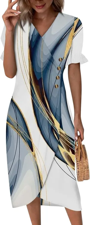 Summer Dresses for Women,Summer Elegant Wrap V Neck Boho Dress Flowy Ruched Hawaiian Maxi Summer Dress