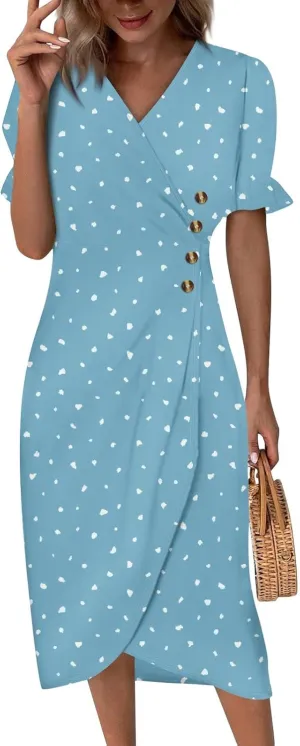 Summer Dresses for Women,Summer Elegant Wrap V Neck Boho Dress Flowy Ruched Hawaiian Maxi Summer Dress