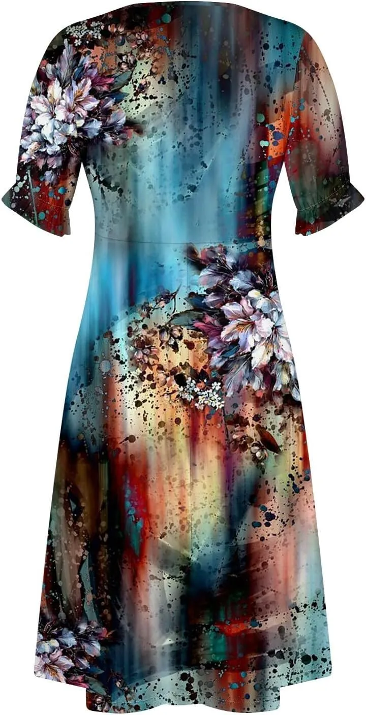 Summer Dresses for Women,Summer Elegant Wrap V Neck Boho Dress Flowy Ruched Hawaiian Maxi Summer Dress