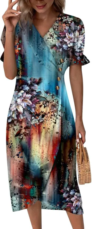 Summer Dresses for Women,Summer Elegant Wrap V Neck Boho Dress Flowy Ruched Hawaiian Maxi Summer Dress