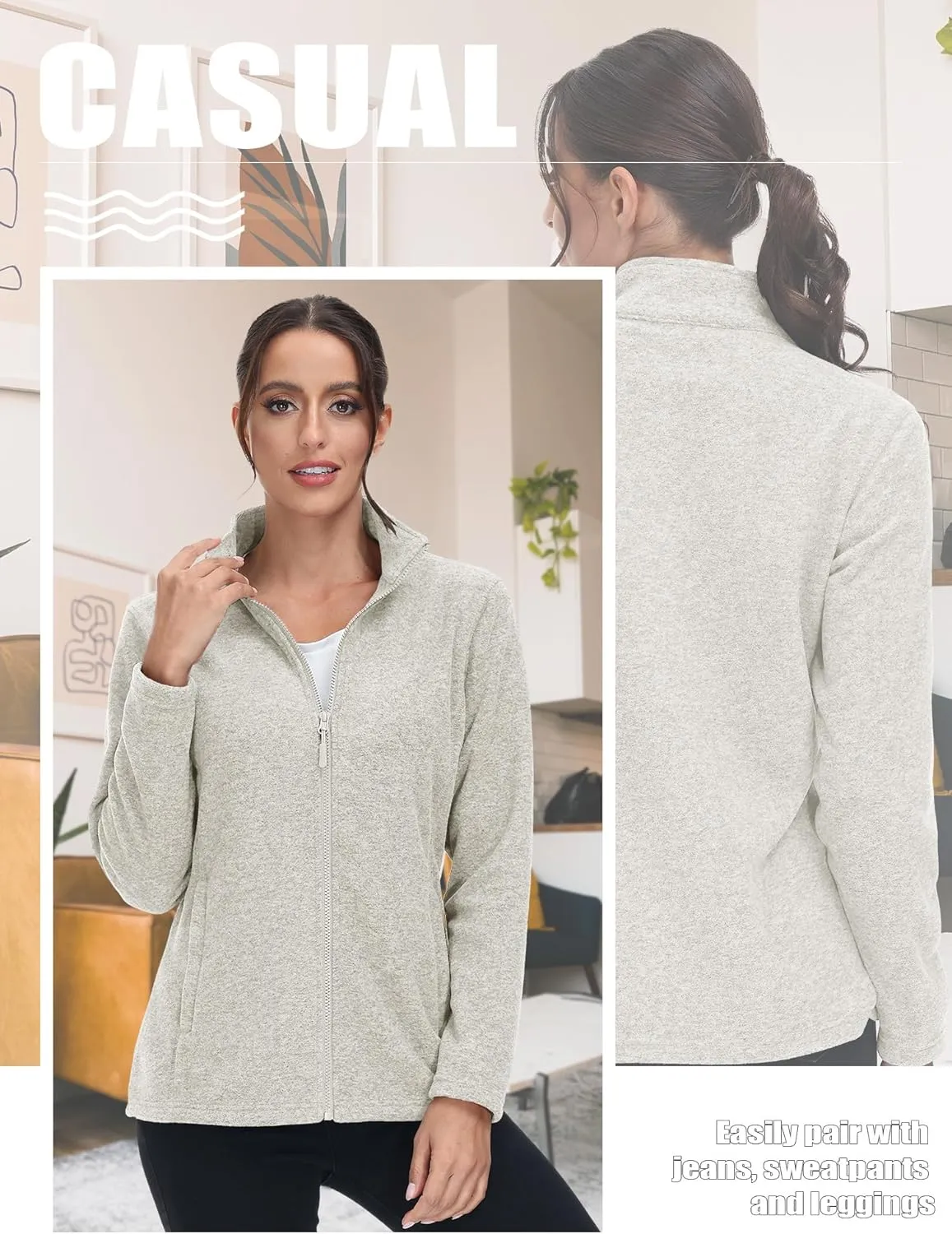 TACVASEN Women's Full Zip Fleece Jacket Lightweight Jacket Womens Winter Warm Coats with 2 Zipper Pockets