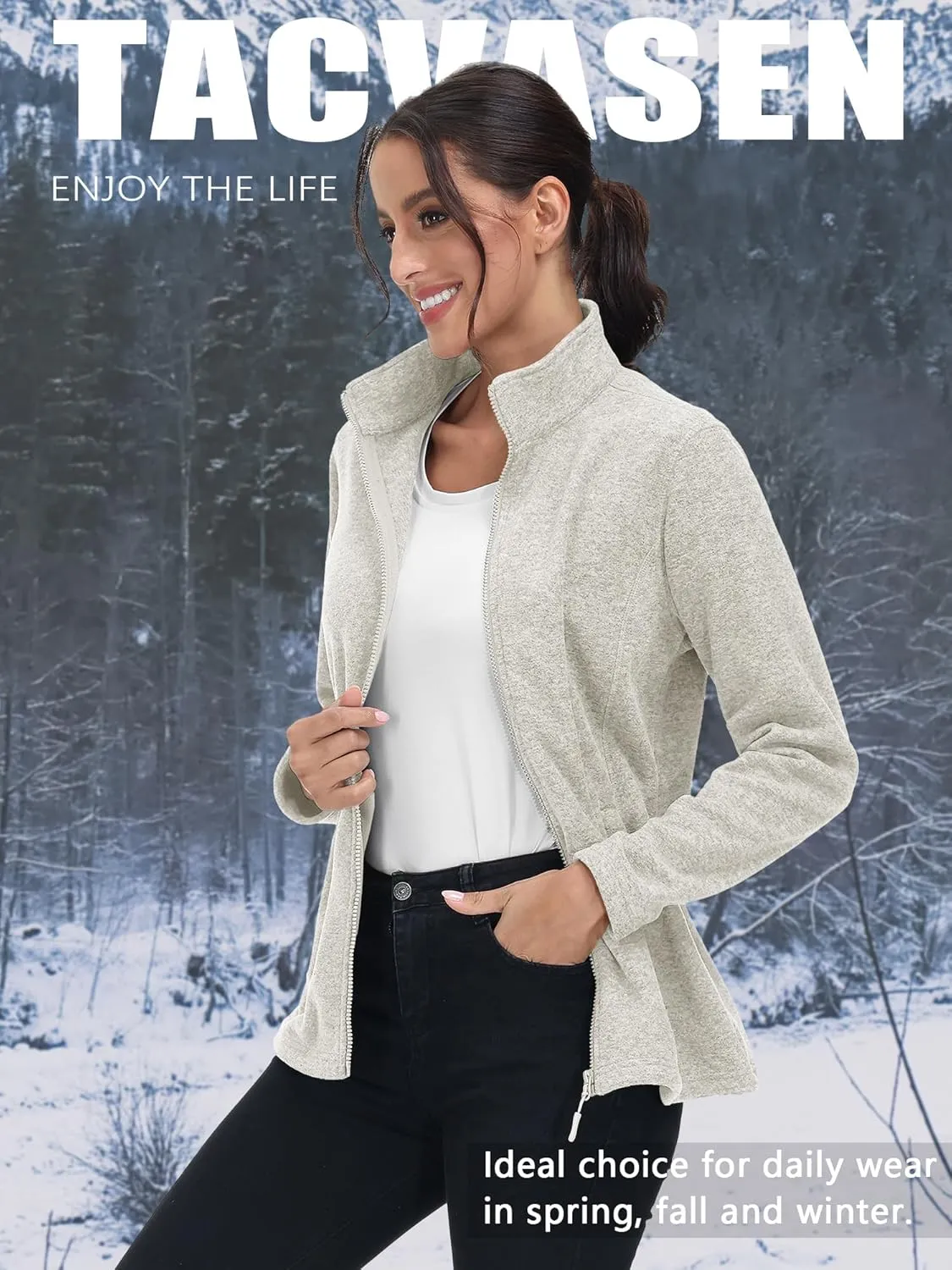 TACVASEN Women's Full Zip Fleece Jacket Lightweight Jacket Womens Winter Warm Coats with 2 Zipper Pockets