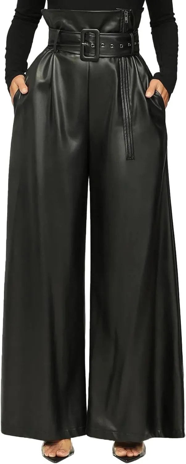 Tcremisa Leather Pants for Women High Waisted Faux Leather Straight Wide Leg Pant PU Trousers with Belt