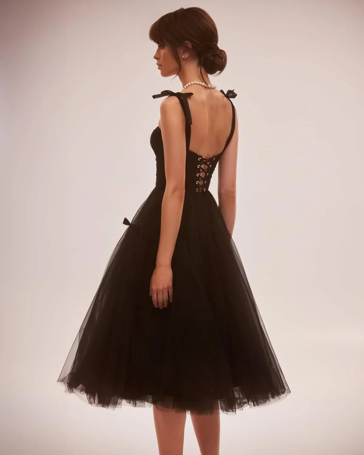 Tea Length Cocktail Dresses for Women Corset Spaghetti Straps A-line Formal Prom Dress with Bows