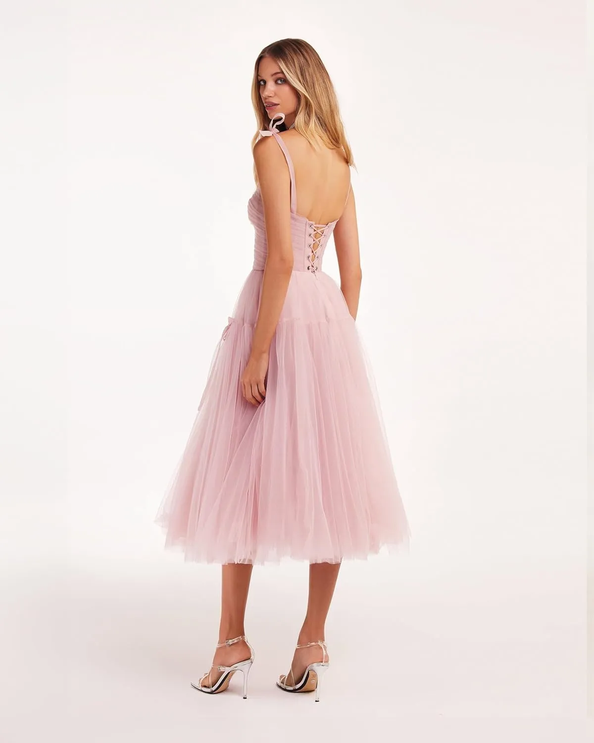 Tea Length Cocktail Dresses for Women Corset Spaghetti Straps A-line Formal Prom Dress with Bows