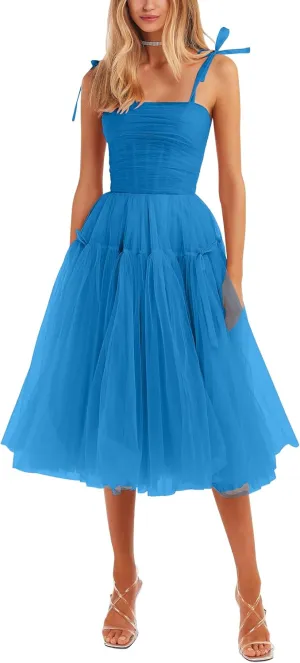 Tea Length Cocktail Dresses for Women Corset Spaghetti Straps A-line Formal Prom Dress with Bows