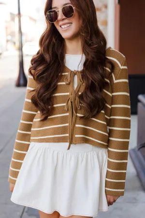 The Leaving Early Mocha Striped Tie Front Sweater