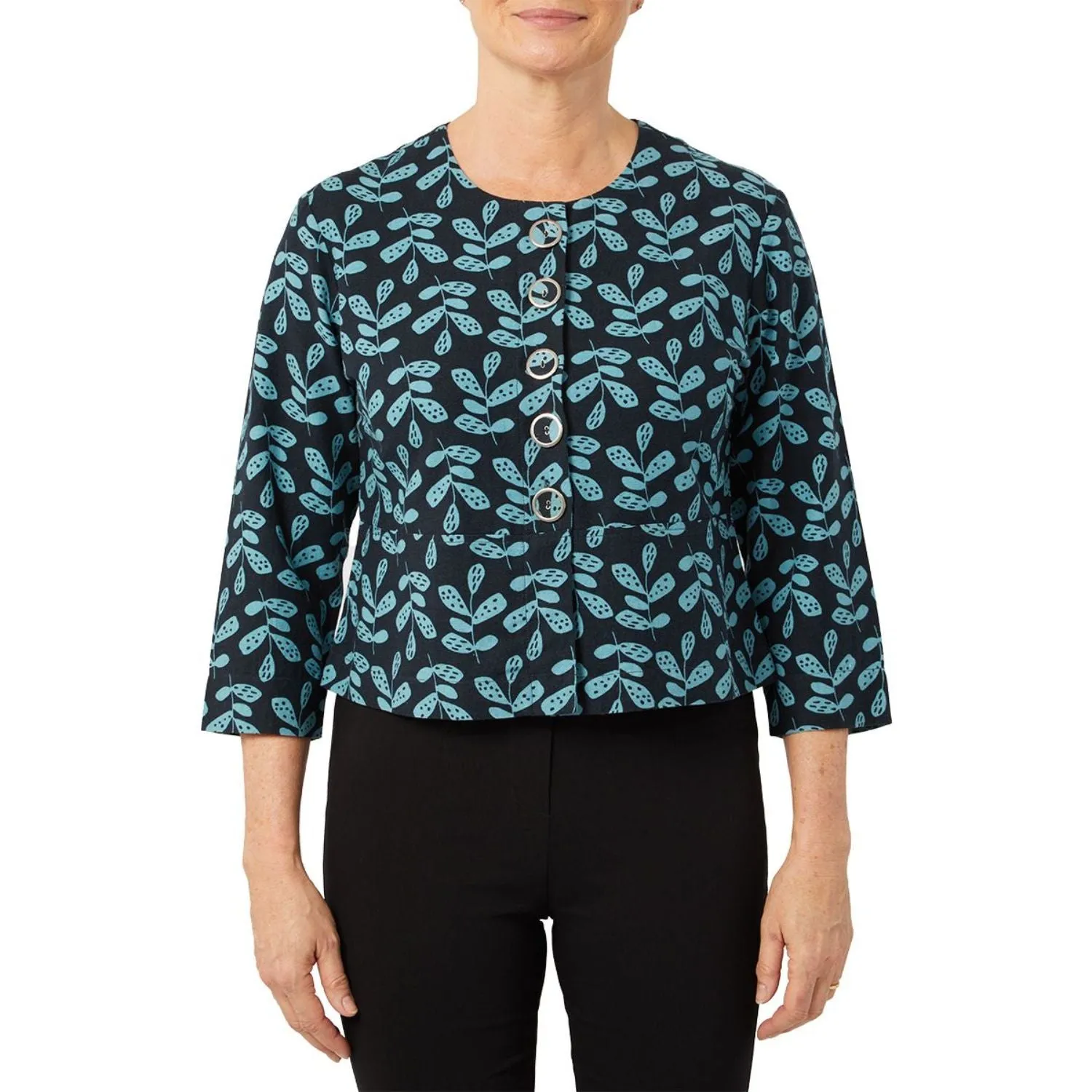 TIGI 14/16 Indigo Eco Leaf Print Cropped Button Jacket