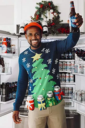 Tipsy Elves' Men's Christmas Tree with Beer Holsters Pullover - Funny Blue Ugly Christmas Sweater Size XX-Large