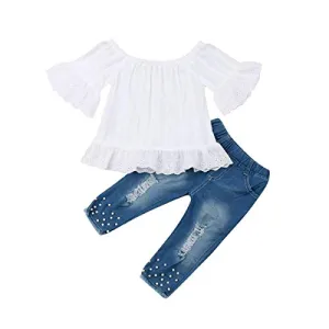 Toddler Kids Clothing Baby Girls Vest Tank Top Ripped Denim Shorts Skirts Outfits Clothes Set (1-2 Years, White)
